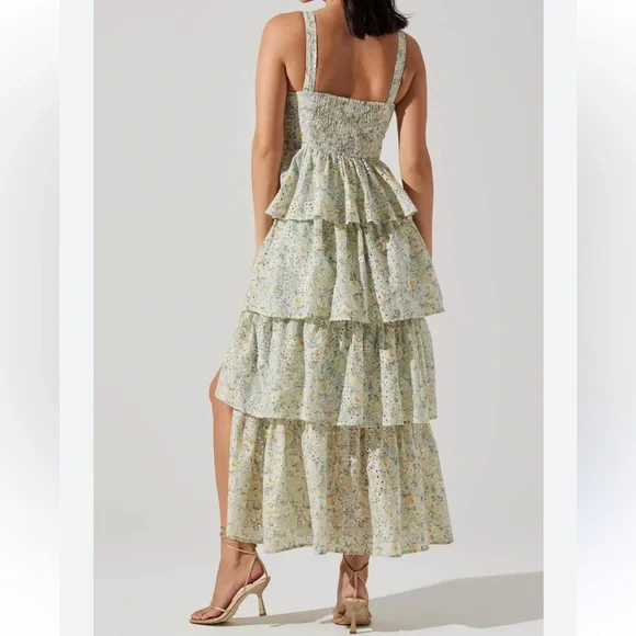 Astr | Dresses | Astr Eyelet Tiered Maxi Dress Floral Midsummer Slit Leg  Green Sz M Wedding Fairy | Poshmark